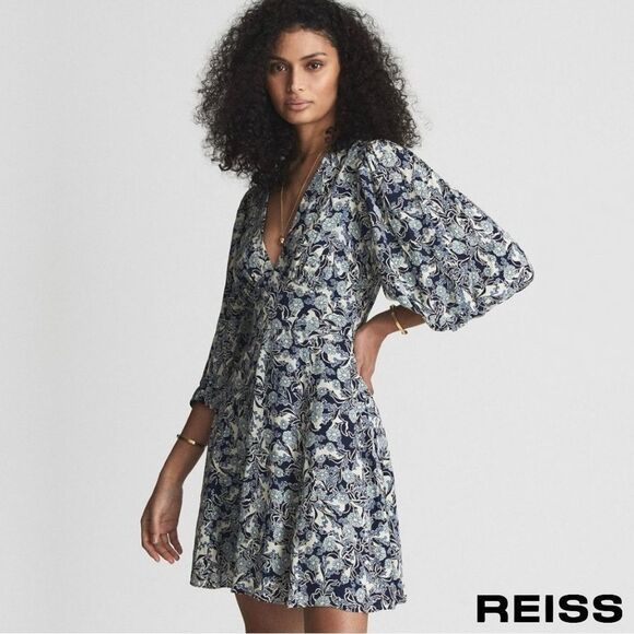 Reiss Blue Daisy Floral Print Puff Sleeve Mini Dress - Picture 1 of 9